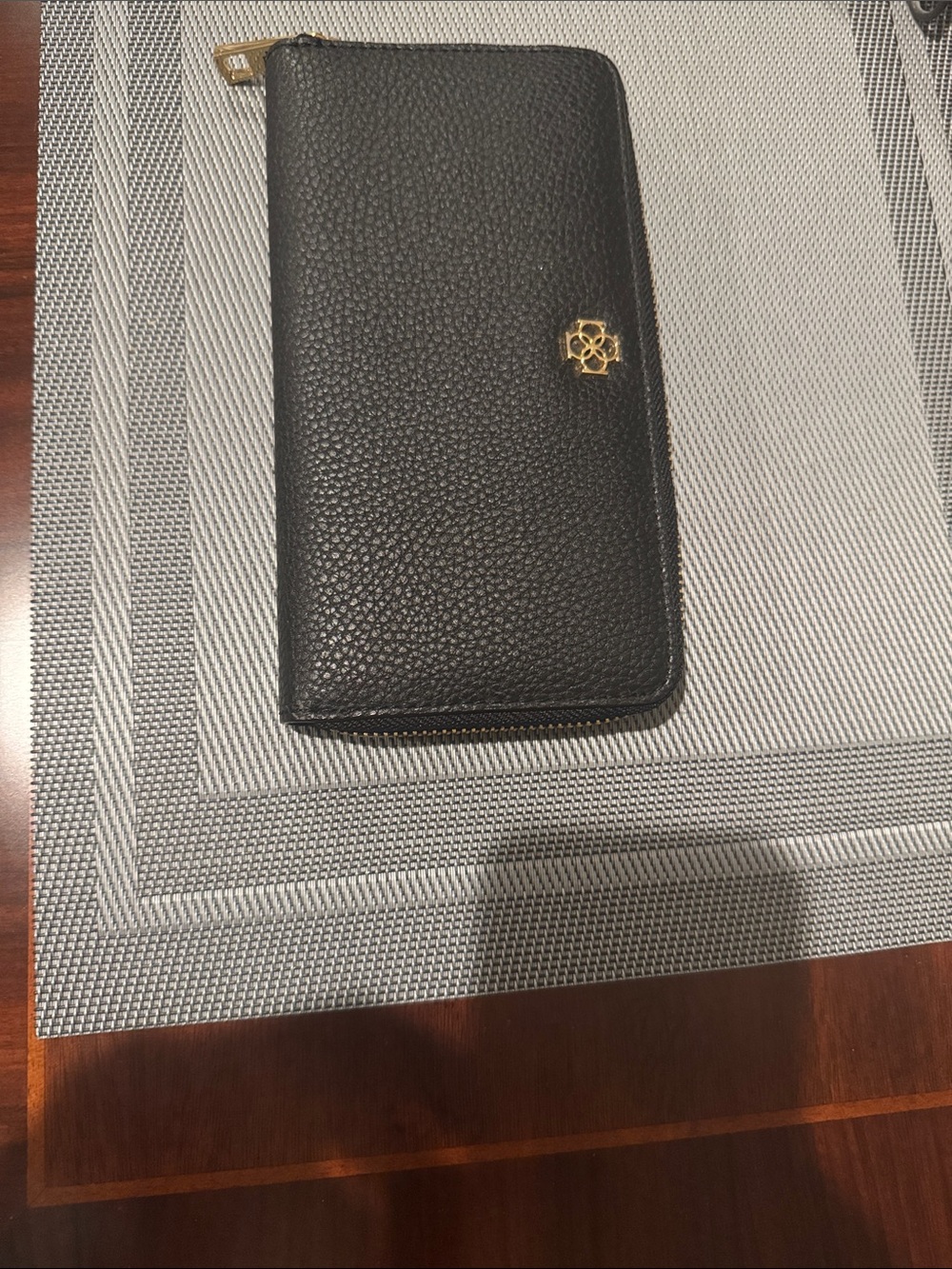 Ann Taylor Black Pebbled Leather Zip Wallet with Gold Accent